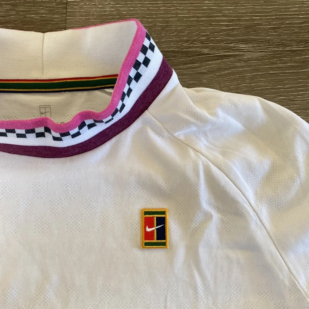 Nike White Short Sleeve Tee with Pink, Black & Teal Stripe Details